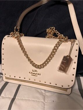 Coach Pale White/Beige Leather Shoulder Bag With snake skin sides and gold chain
